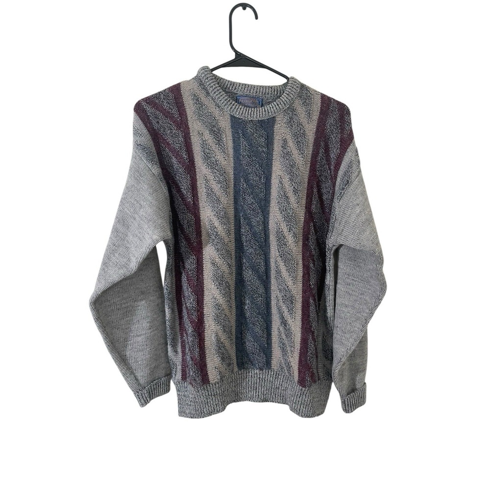 Vintage Mens's Pendleton Sweater Virgin Wool 3D Knit Medium USA Grey 90s Grandpa